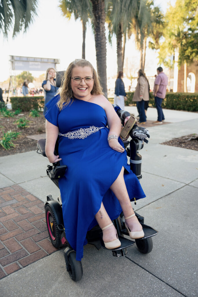 Sara Gaver in a blue ballgown
