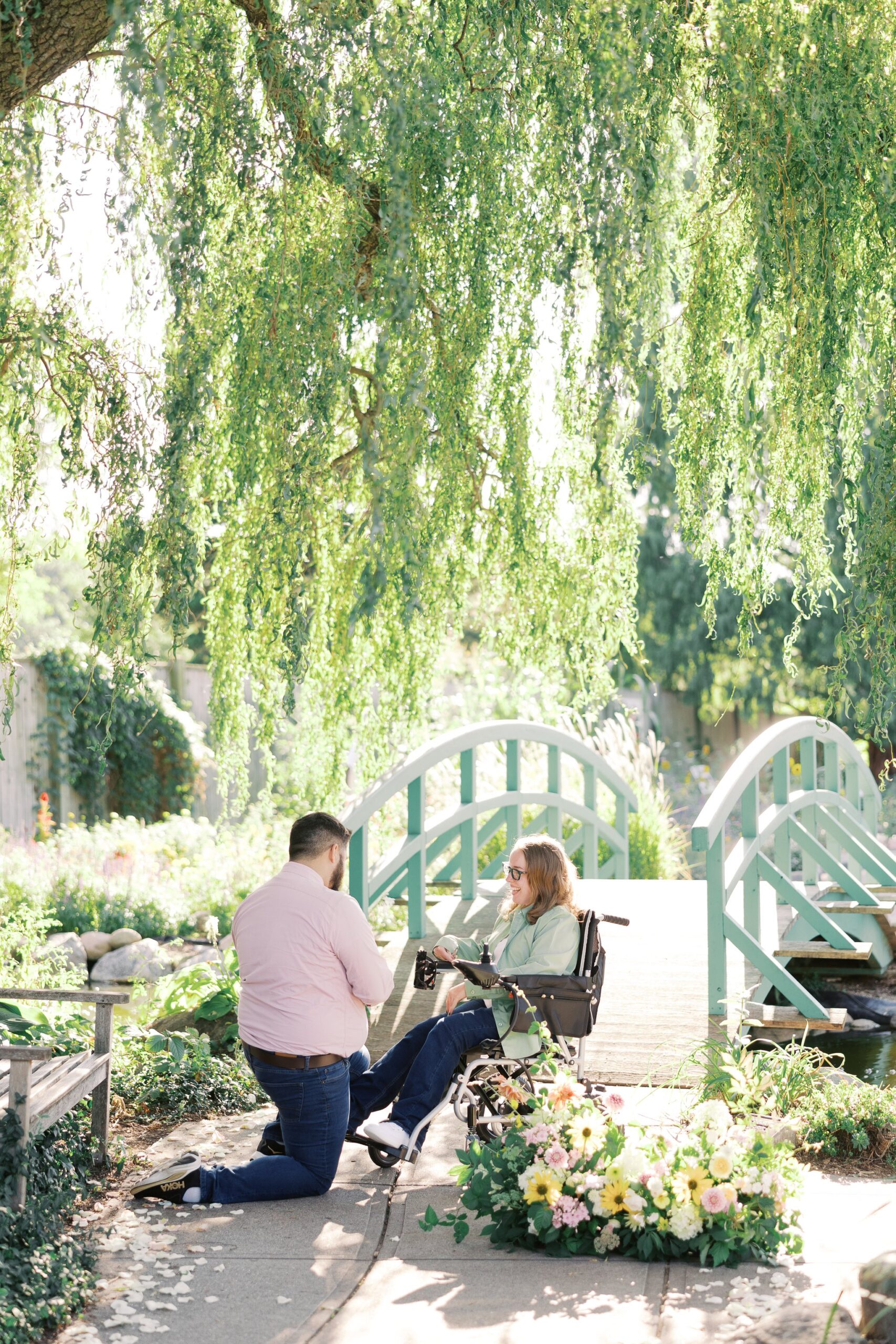 Saleem down on one knee proposing to Katie in her power wheelchair beside the garden bridge at Michigan State University