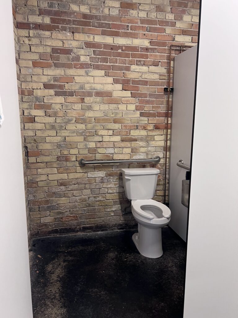 Restroom stall with grab bars beside and behind the toilet